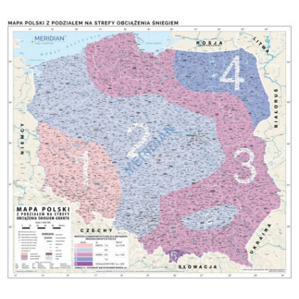 Plansza ścienna  Mapa Polski z podziałem na strefy obciążenia śniegiem 160X145 1:500000