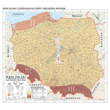 Plansza ścienna  Mapa Polski z podziałem na strefy obciążenia wiatrem 130X120 1:600000