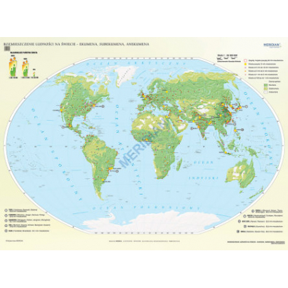 Plansza ścienna  Świat rozmieszczenie ludności - ekumena subekumena i anekumena 200X150 1:22000000