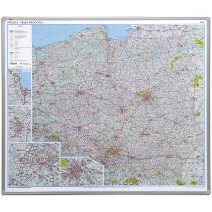 Mapa ścienna 2x3 drogowa Polski, w ramie aluminiowej, płyta miękka&nbsp102×120